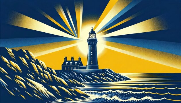 An illustration of a lighthouse by the sea, emphasizing the two contrasting hues. AI Generated
