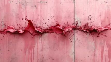  a close up of a pink wall with paint splattered on it and a red object in the middle of the wall in the middle of the middle of the picture.