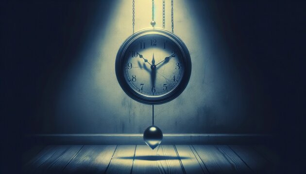 A pendulum clock in a dim room, symbolizing the stagnation and weight of depression, with contrasting shades emphasizing the depth of emotion and passage of time. AI Generated