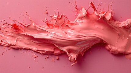  a close up of a pink paint splashing on a pink surface with drops of pink paint on the top and bottom of the paint and bottom of the splash.