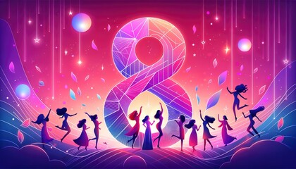 A vibrant gradient background featuring the number '8', with silhouettes of celebrating women, and added touches of floating petals, stars, and glowing orbs for a magical effect. AI Generative