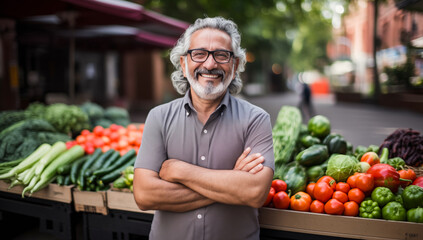 A genial farm seller with arms crossed, standing in front of a market stall brimming with fresh vegetables, such as cucumbers, tomatoes, and greens.  - obrazy, fototapety, plakaty