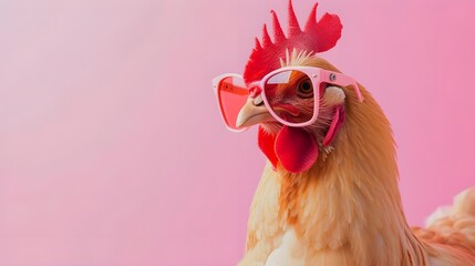 Creative animal concept. Chicken hen in sunglass shade glasses isolated on solid pastel background, commercial, editorial advertisement, surreal surrealism