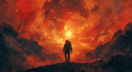 A lone adventurer braves the scorching heat and treacherous terrain, with a fiery volcano looming in the background, as he carries a large red object through the rugged wilderness - obrazy, fototapety, plakaty