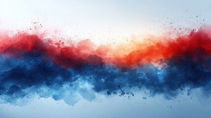  a red, white and blue abstract painting on a light blue background with a small amount of smoke coming out of the top of the left side of the image.