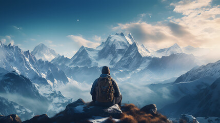 a man is sitting on top of a snowy mountain top