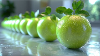 a row of green apples sitting next to each other on top of a metal counter covered in drops of water on top of a counter top of a white counter.