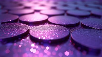 Obraz na płótnie Canvas a close up of a bunch of discs on a table with pink and purple lights in the background and a blurry image of the disc in the middle of the middle of the picture.