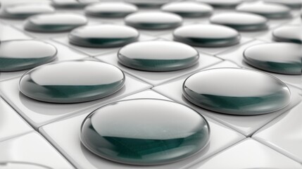  a group of green and white buttons sitting on top of a white tiled surface with a green stripe in the middle of the middle of the middle of the button.