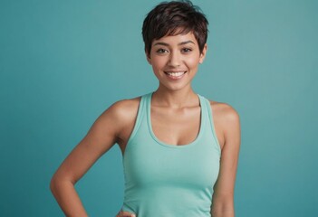 Fototapeta na wymiar A sporty woman with a pixie haircut gives a confident smile, wearing a light teal tank top against a matching background.