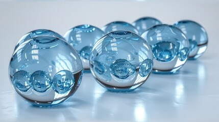  a group of blue glass balls sitting on top of a white table next to each other on top of a white table with a reflection of the glass ball in the middle of the middle.