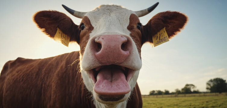 Cow sticks out tongue. Generative AI