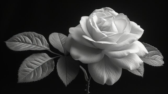  a black and white photo of a single white rose with leaves on the stem and in the center of the picture is a single white rose with green leaves on the stem.