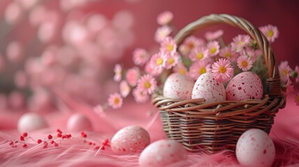Fototapeta na wymiar a basket filled with lots of eggs sitting on top of a bed of pink feathers and daisies on top of a bed of pink fluffy pink feathers with pink flowers in the background.