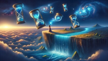 A woman stands on a floating island, reaching for stars that transform into glowing hourglasses with galaxies inside. Below, a waterfall of world maps cascades into a luminous ocean. AI Generative