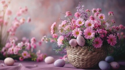 Obraz na płótnie Canvas a basket filled with lots of pink flowers next to a basket filled with eggs on top of a purple tablecloth covered with pink daisies and other pink flowers.