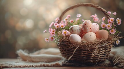 Fototapeta na wymiar a basket filled with eggs sitting on top of a table next to a table cloth and a white cloth with pink daisies and daisies in the center of the basket.