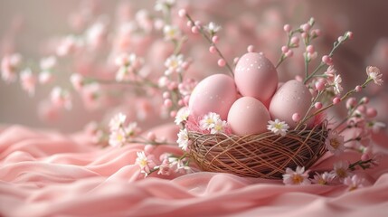 Fototapeta na wymiar a nest filled with eggs sitting on top of a bed of pink sheets and daisies on top of a bed of pink ruffles and white daisies.