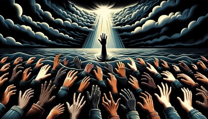 Multiple hands of diverse backgrounds stretching out from dark waters, reaching for a beacon of light, with the phrase Save Our Soul illuminated in the sky. AI Generated - obrazy, fototapety, plakaty