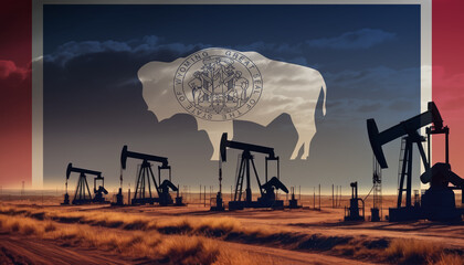 Oil production in the Wyoming. Oil platform on the background of the Wyoming flag. Wyoming flag and oil rig. Wyoming fuel market.