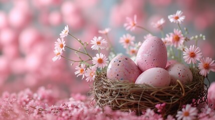  a bird's nest filled with pink and white eggs surrounded by daisies and daisies on a bed of pink and white daisies with pink flowers in the background.