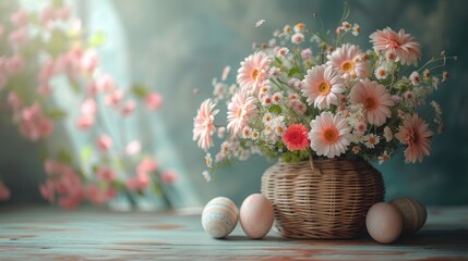  a basket filled with flowers and eggs sitting on top of a table next to a vase with daisies and daisies on top of the basket is sitting on a table. - obrazy, fototapety, plakaty
