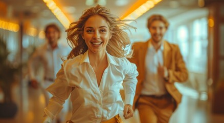 A determined woman races ahead, her flowing dress trailing behind, as a man chases after her with a smile on his face in an indoor setting, showcasing the power of determination and the beauty of mov