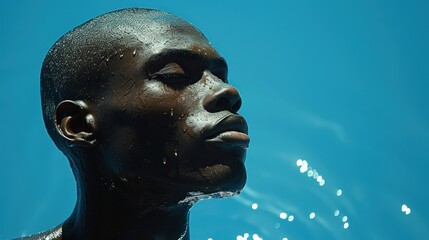  a close up of a man's face in a pool of water with bubbles coming out of the top of his head and the bottom half of his face.