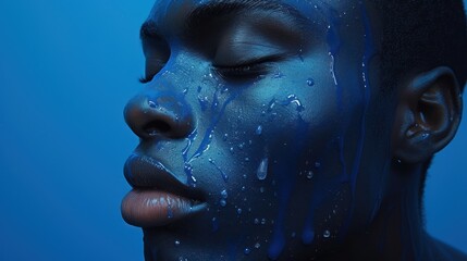  a close up of a person's face with blue paint on her face and water droplets on the face of the woman's face, with a blue background.