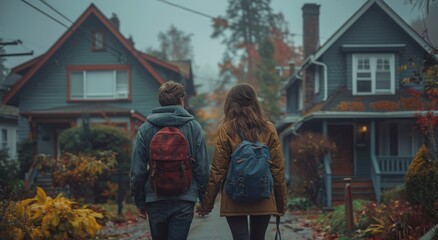 Fototapeta na wymiar As the autumn leaves fall and the winter chill sets in, a man and woman stroll hand in hand down the quaint street, their warm jackets blending with the colorful trees and charming buildings, creatin