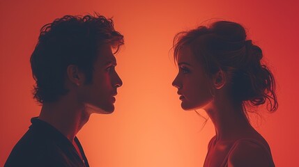  a silhouette of a man and a woman facing each other in front of an orange and red background with a black and white photo of a man and a woman facing each other.