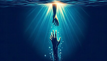 Two hands stretching towards each other in deep blue water, with the upper hand illuminated by sun rays and the lower hand moving upward surrounded by bubbles. AI Generated - obrazy, fototapety, plakaty
