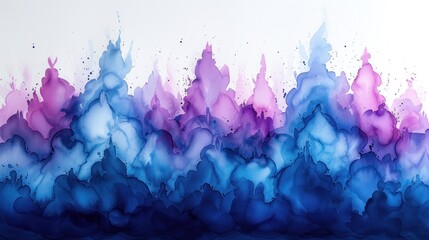  a painting with blue, pink, and purple paint splattered on the side of the wall and in the center of the painting is a white background is a white wall.