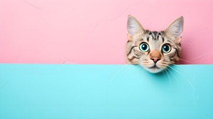 Creative animal concept. cat peeking over pastel bright background. advertisement, banner, card. copy text space. birthday party invite invitation