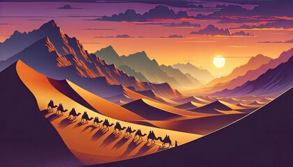 A vast desert landscape at dusk with a caravan of travelers. AI Generated