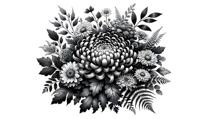 An intricate floral arrangement featuring a prominent chrysanthemum flower. AI Generated