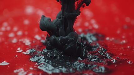  a close up of a water drop on a red surface with drops of water on the surface and on the top of the drop is a black and white flower.