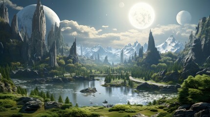 Terraformed landscape on a distant planet, where humans have adapted to a new environment and established a harmonious colony. Concept of habitable exoplanets