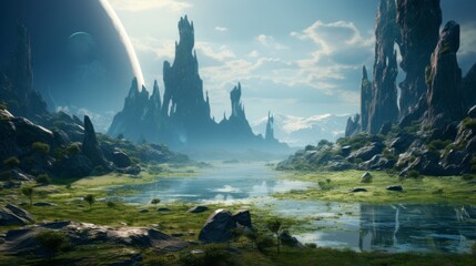 Terraformed landscape on a distant planet, where humans have adapted to a new environment and established a harmonious colony. Concept of habitable exoplanets