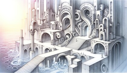 A surreal landscape where buildings take on organic shapes, defy gravity, and are bathed in dreamy light. AI Generated - obrazy, fototapety, plakaty