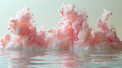  a group of pink and white bubbles floating in a body of water on top of a light blue and white surface with a light green back ground and a white background.