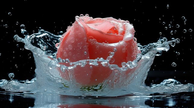  a red rose with water splashing out of it's center, on a black background, with a splash of water on the bottom and bottom of the image.