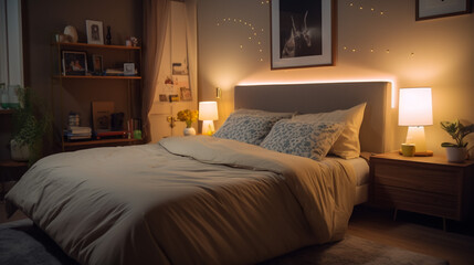 Interior of stylish bedroom with neon lighting

