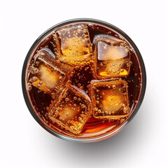 Glass of cola and ice isolated on white background. From top view - obrazy, fototapety, plakaty