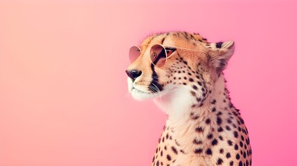 Creative animal concept. Cheetah in sunglass shade glasses in glam fashionable couture high end outfits isolated on bright background advertisement, copy space. birthday party invite invitation banner