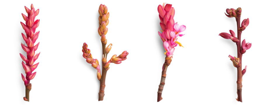 Set of exotic pink turmeric flower twigs isolated on transparent background