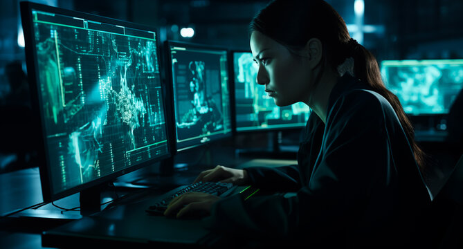 female senior data scientist reviewing big data graphs and troubleshooting an issue in a customer network, multiple monitors showing data and woman looking with glasses.