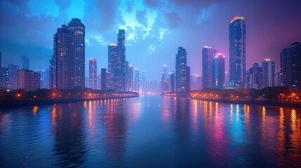  a large body of water in front of a city with tall buildings on the other side of the water and a few lights on the other side of the water.