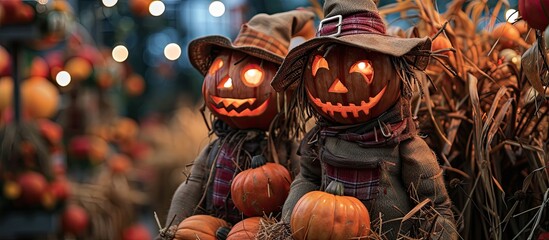 A couple of scarecrows with pumpkin heads sit peacefully in the grassy field of a farm.