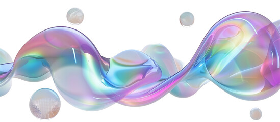 Iridescent color flowing shape with spheres isolated on transparent background. - obrazy, fototapety, plakaty